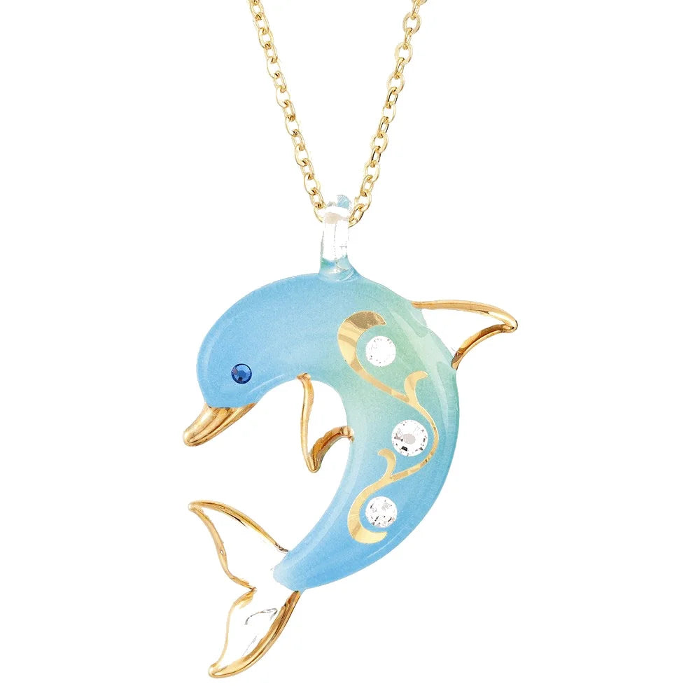 Turquoise Glass Dolphin 18 inch Gold-tone Necklace E872