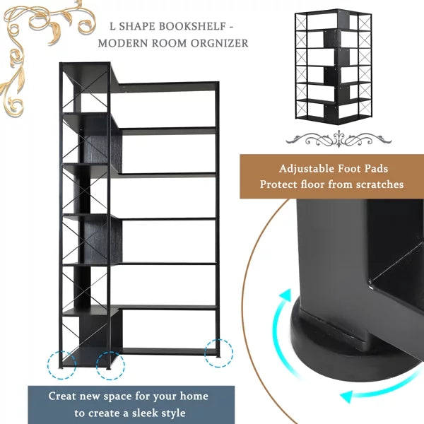 7-Tier L-Shaped Corner Bookcase with Metal Frame Y89596
