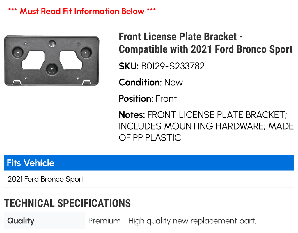 Front License Plate Bracket for 2021 Ford Bronco Sport X8561