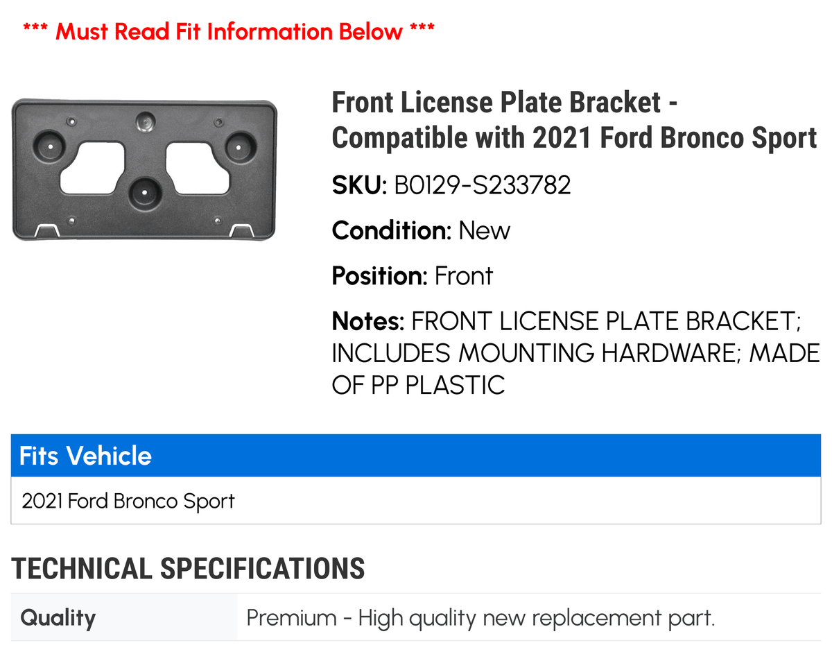 Front License Plate Bracket for 2021 Ford Bronco Sport X8561