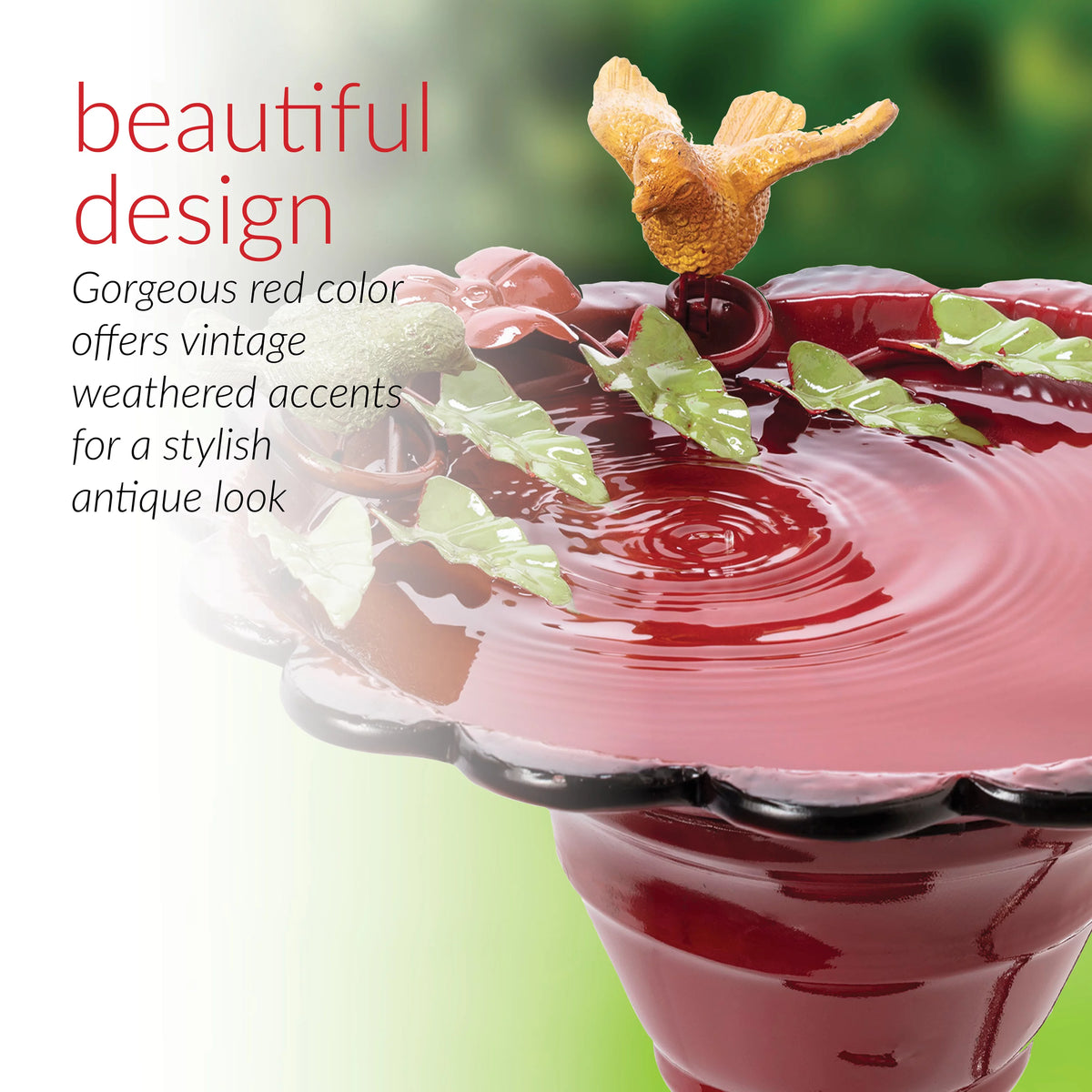 28-Inch Metal Bird Bath with Birds and Leaves, Red B4443