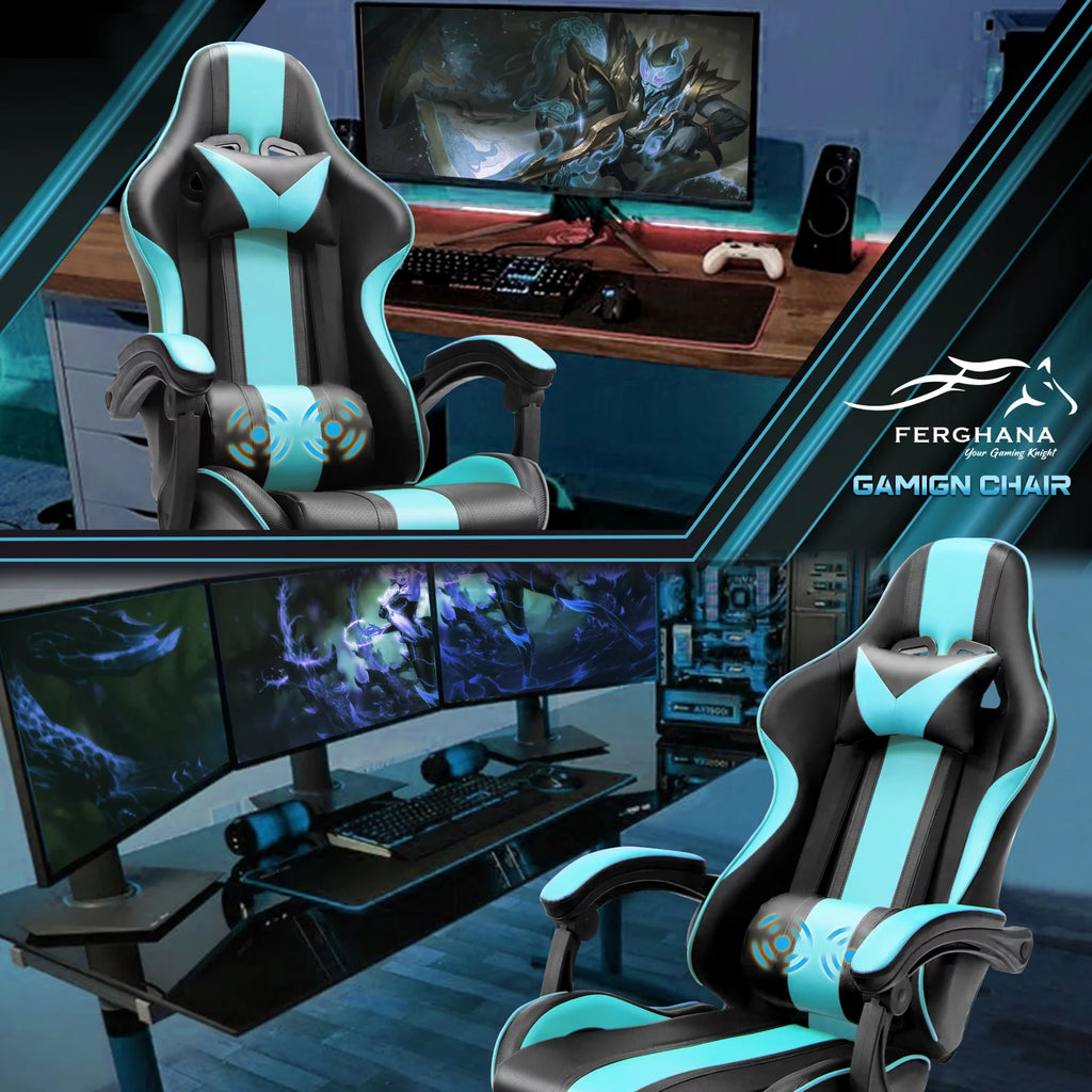 Blue Gaming Chair with Footrest & Massage Lumbar Pillow V423
