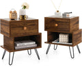 Walnut Wood Bedside Table with Storage Drawer and Metal Legs B66658