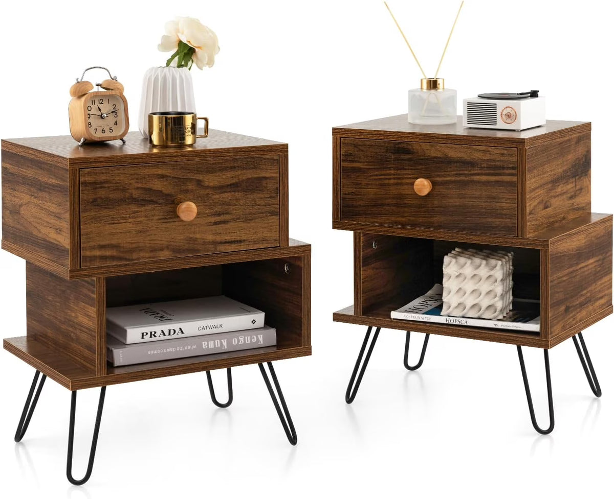 Walnut Wood Bedside Table with Storage Drawer and Metal Legs B66658