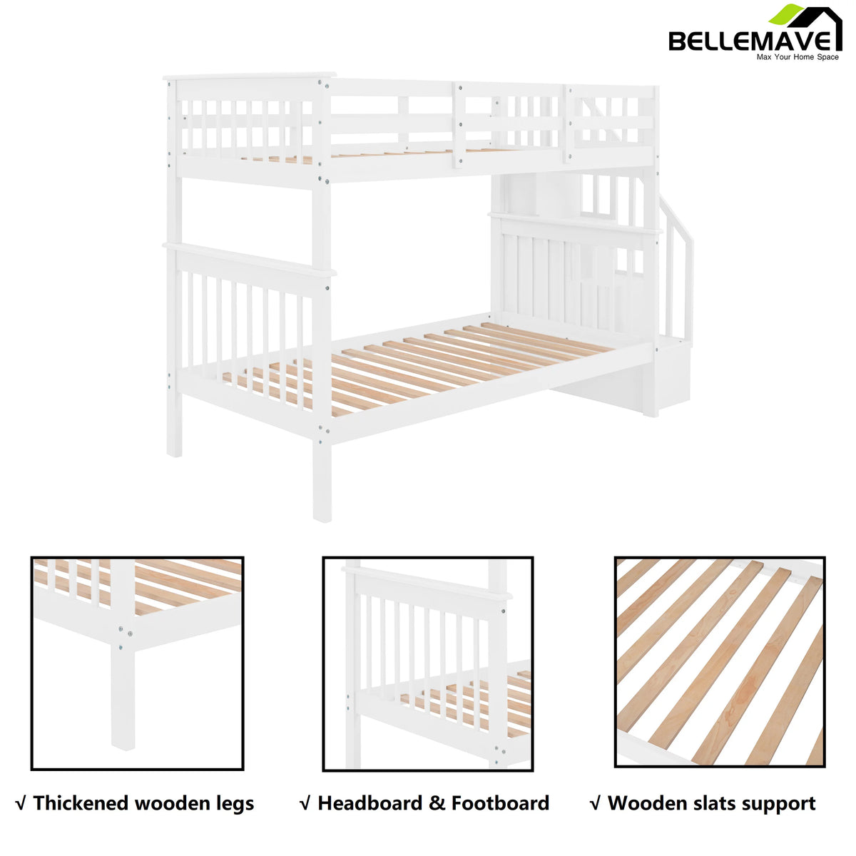 Twin Over Twin Bunk Bed with Storage Stairs and Guardrail, White W127440