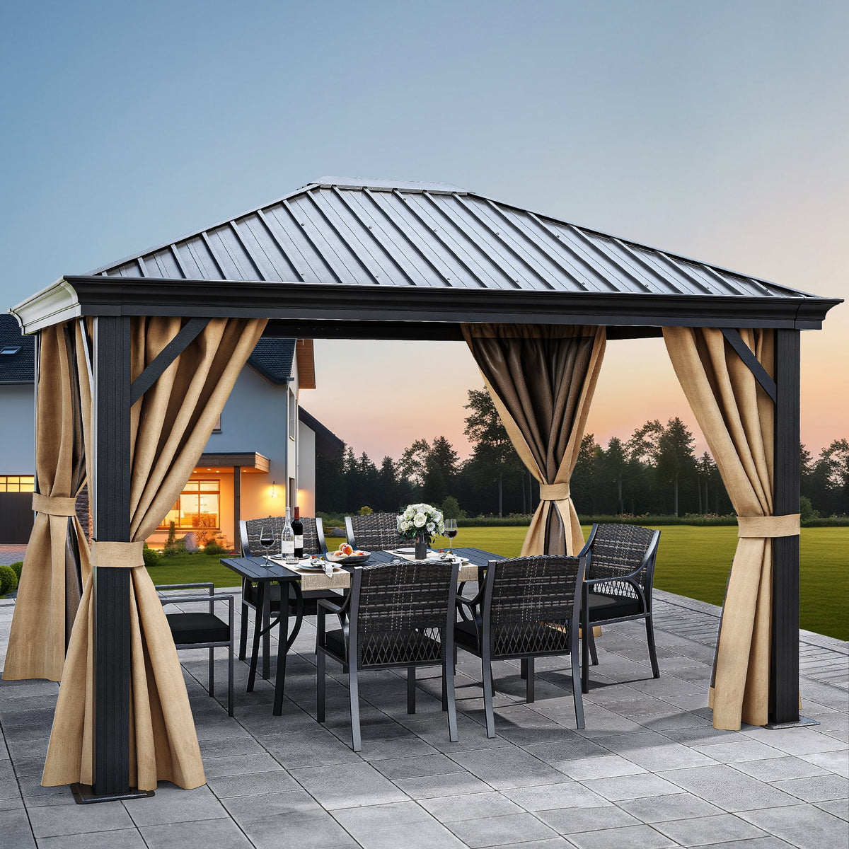 10x12ft Hardtop Gazebo with Nettings and Curtains N71548