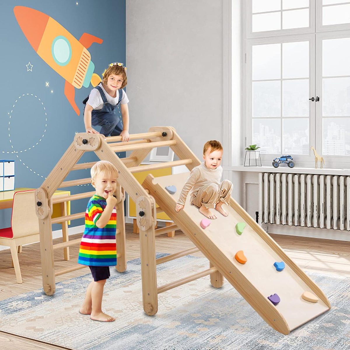 Foldable Wooden Pikler Triangle Climber with Ramp and Reversible Slide I207