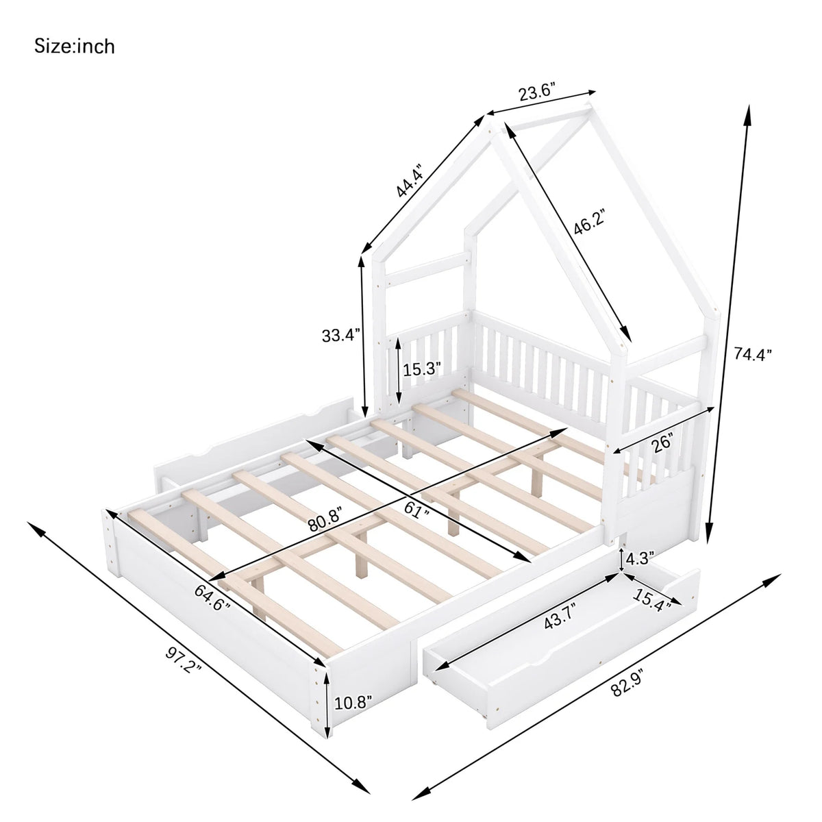Queen Size Wood Platform Bed Frame with Guardrail and 2 Storage Drawers Y9262