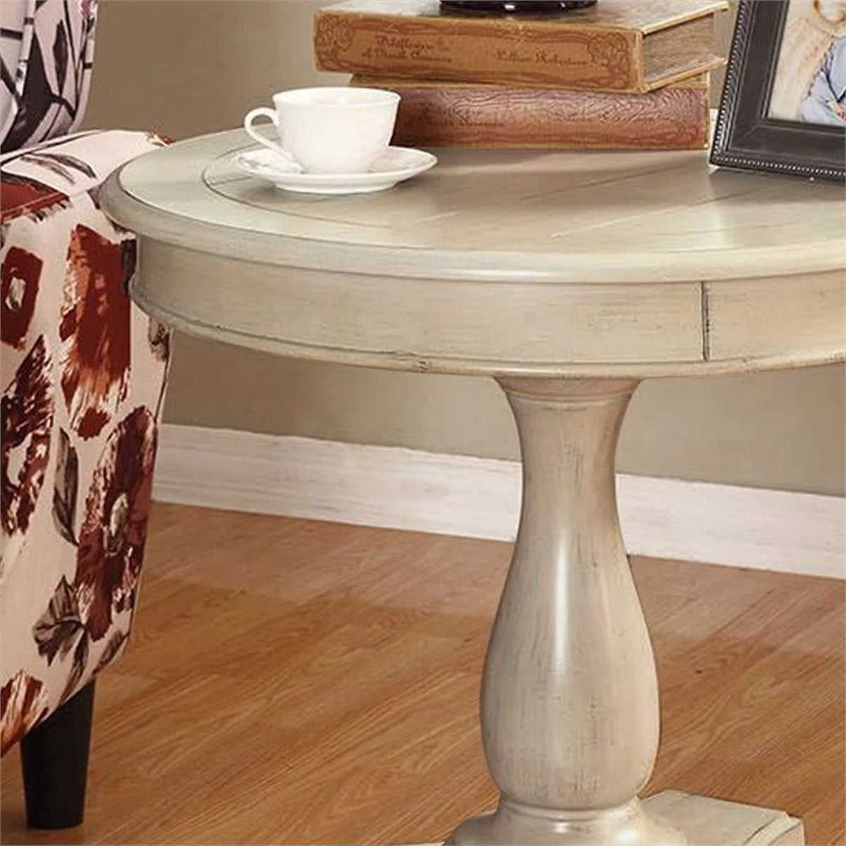White Round Wood Pedestal End Table E7459
