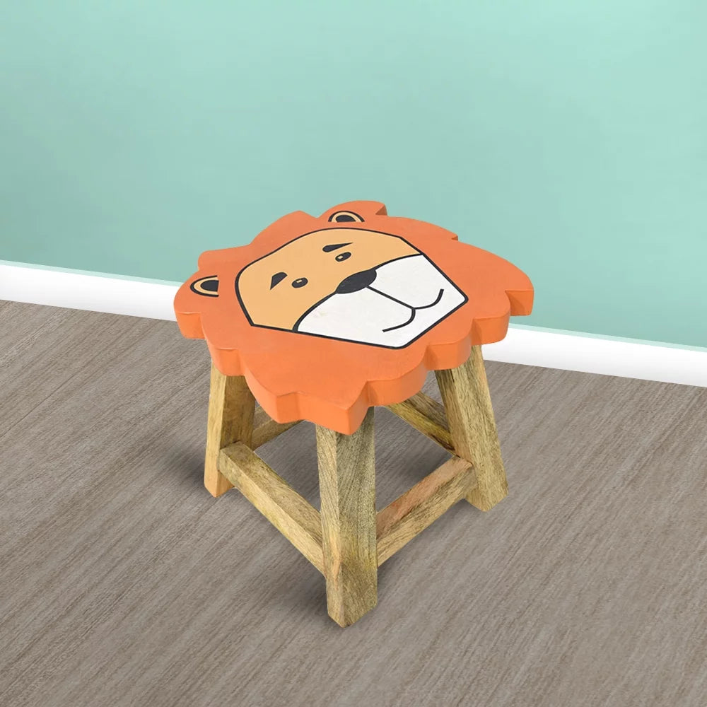 Handmade Mango Wood Orange Lion Shaped Stool K9661