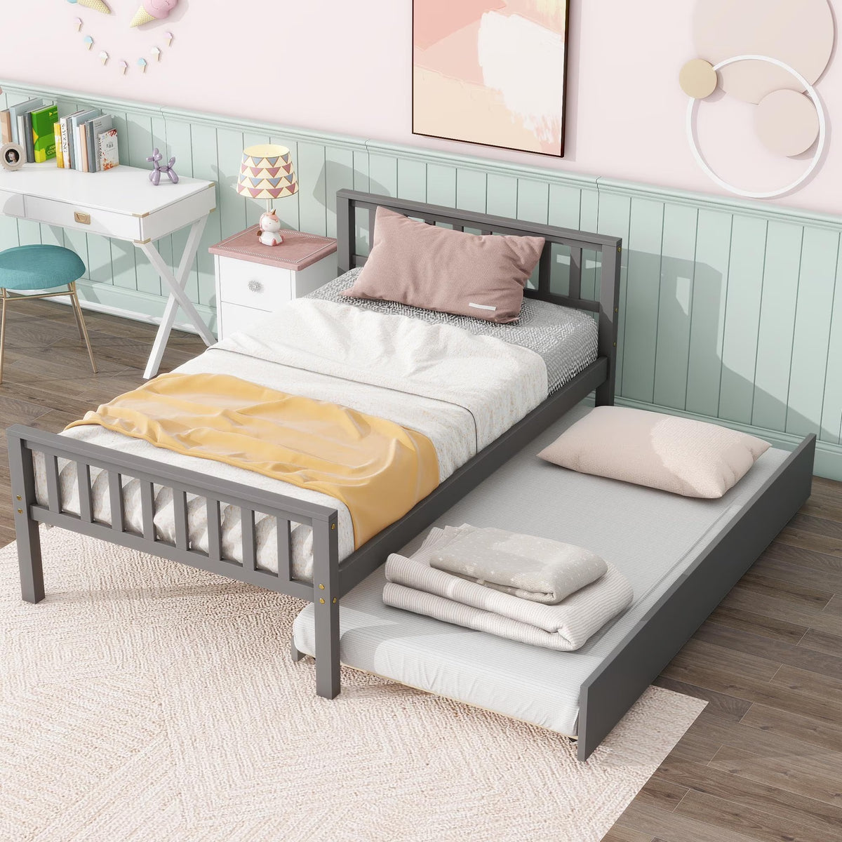 Gray Twin Size Wood Platform Bed with Trundle E451395