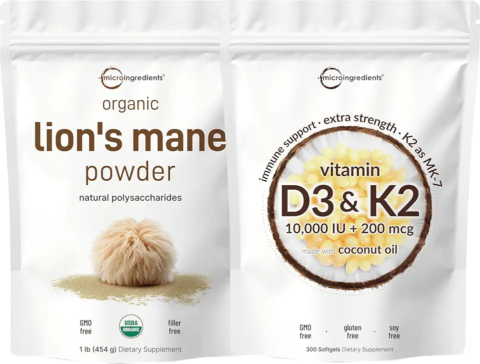 Vitamin D3 10,000iu + K2 200mcg Softgels & Lions Mane Mushroom Powder 2 Pack X270