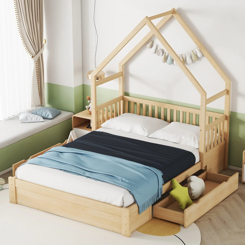 Queen Size Wood Platform Bed Frame with Guardrail and 2 Storage Drawers Y9262