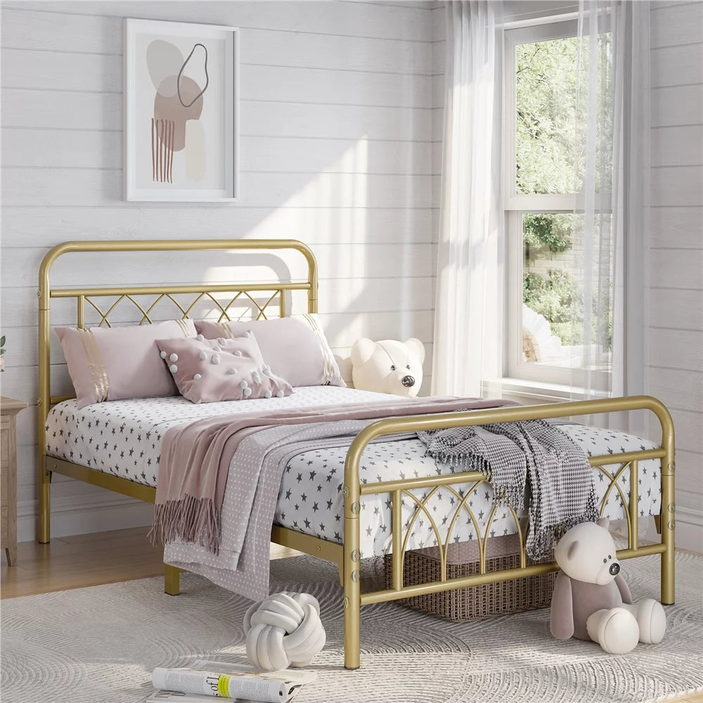 Metal Platform Bed Frame with Headboard and Footboard, Twin, Antique Gold A7994