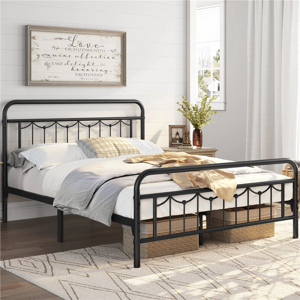 Queen Matte Black Metal Platform Bed Frame with Headboard and Footboard R32724