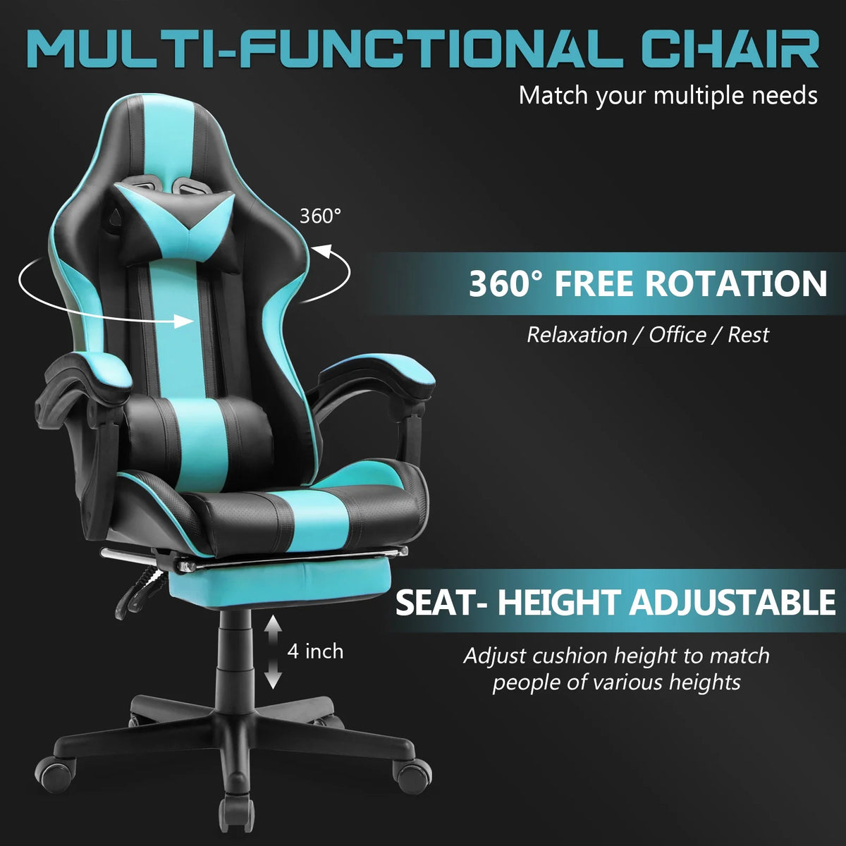 Blue Gaming Chair with Footrest & Massage Lumbar Pillow V423