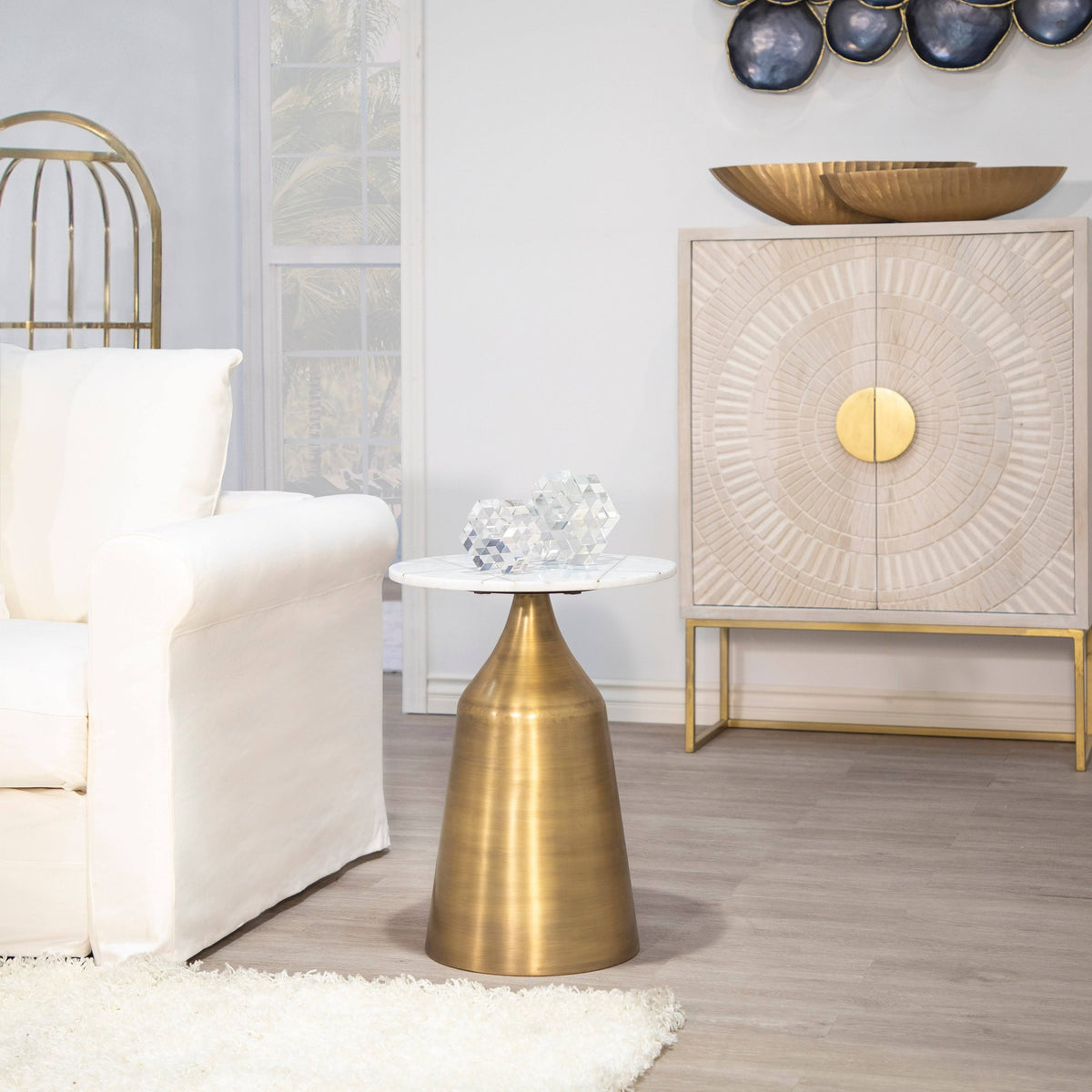 White Marble Round Side Table with Inlay I187604