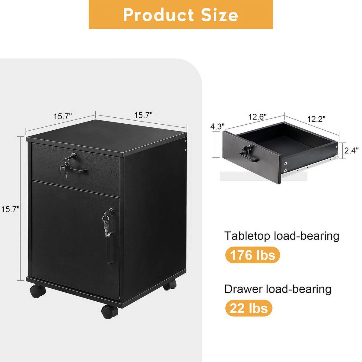Black Mobile Office Cabinet with 1 Lockable Drawer U75204