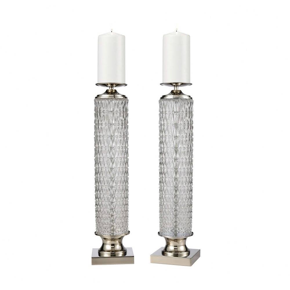 20 inch Crystal Pillar Candle Holder Set of 2 Glass Metal Polished Nickel Silver V7262