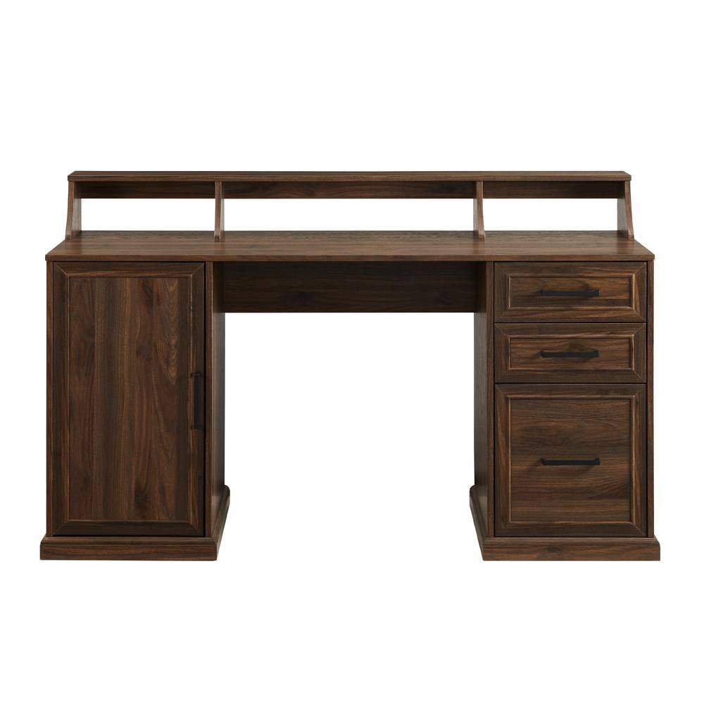Dark Walnut Wood 3-Drawer Pedestal Writing Desk with Hutch O74956