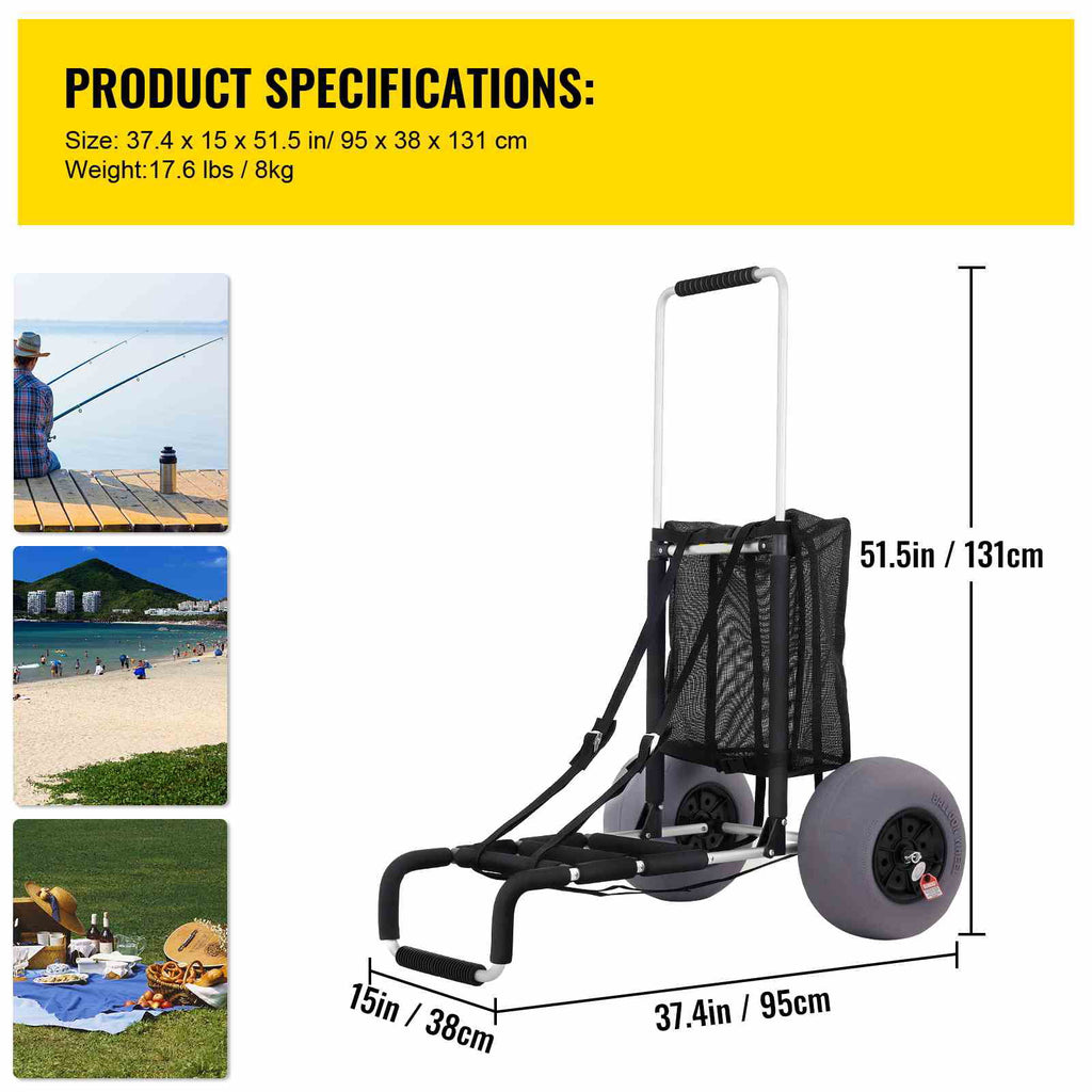 Beach Cart 165LBS Capacity Adjustable Handle 13" Balloon Wheels X84571