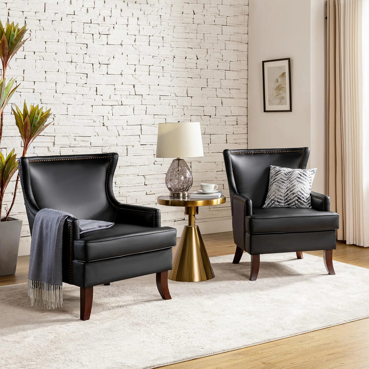 Black Faux Leather Wingback Accent Chairs Set Of 2 J3494
