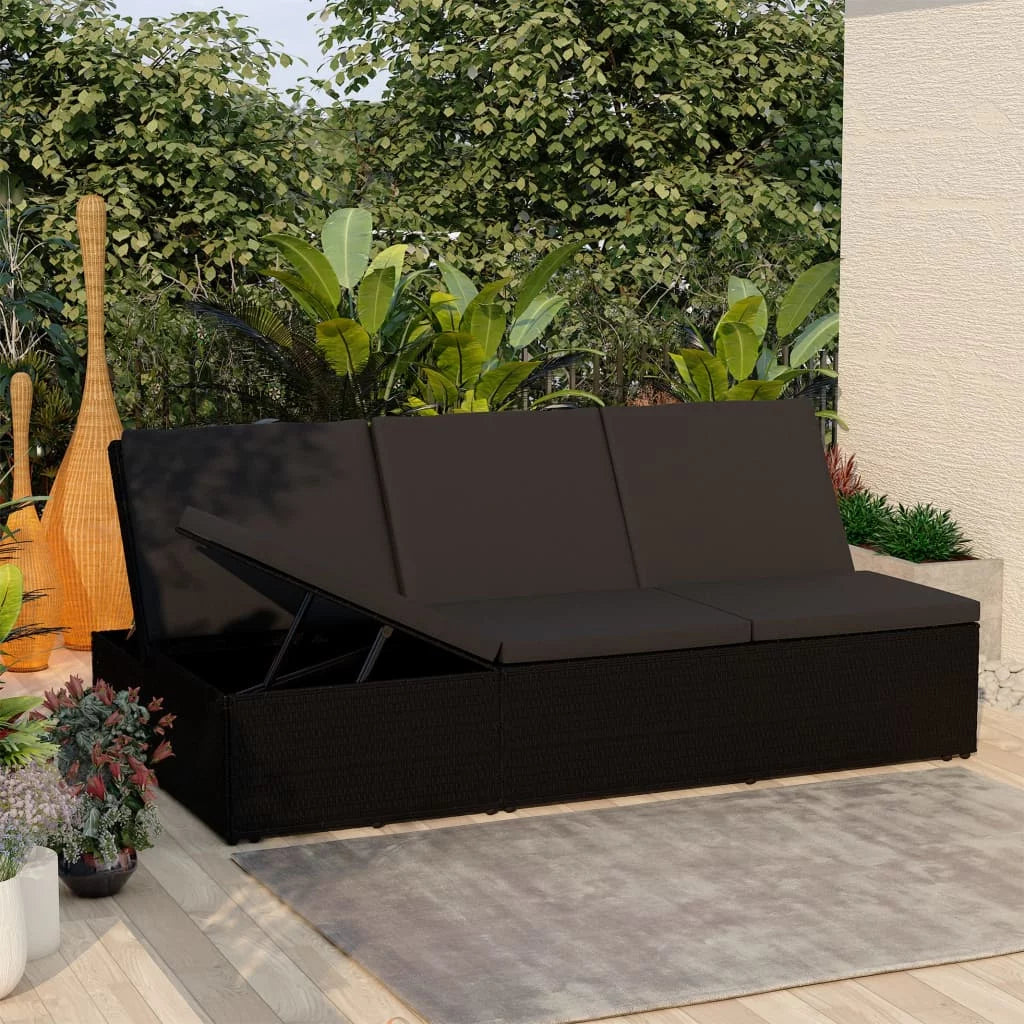 Convertible Sun Bed with Cushion Poly Rattan Black C942340