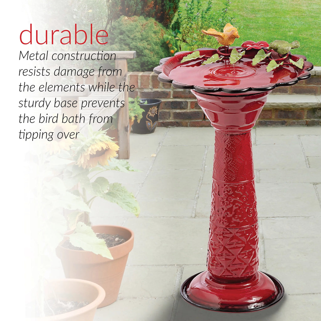 28-Inch Metal Bird Bath with Birds and Leaves, Red B4443