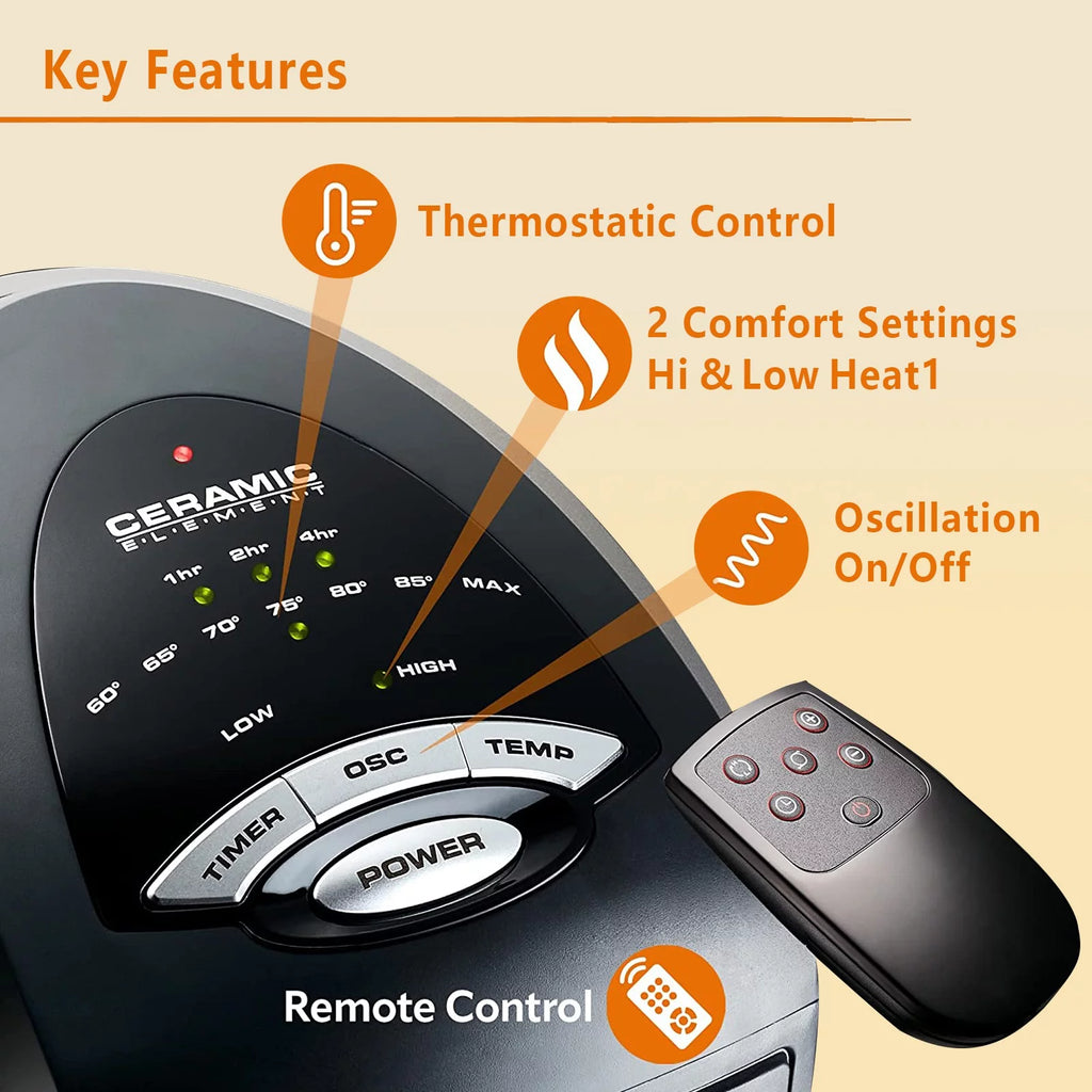 Oscillating Tower Space Heater with Adjustable Thermostat Timer & Remote Control, 22.5 Inches 1500W Grey/Black M73275