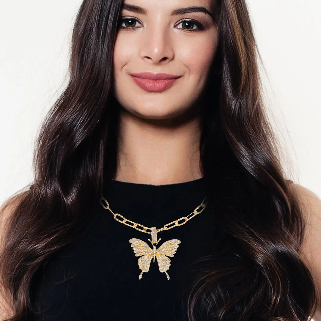 White Crystal Goldtone Butterfly Pendant Necklace 20-22" W25169
