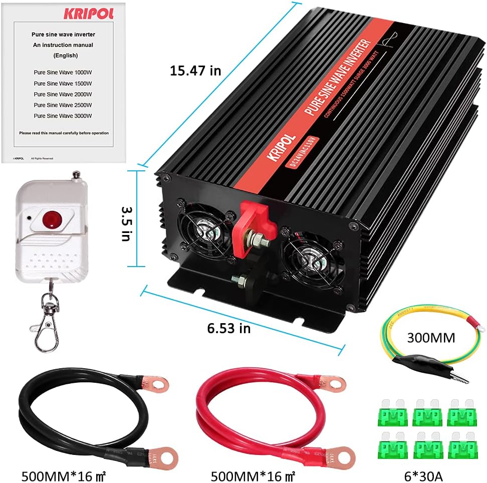 1500 Watt Pure Sine Wave Power Inverter 12V DC to 110V AC 60HZ with 4 AC Outlets and 1 USB Output P171398