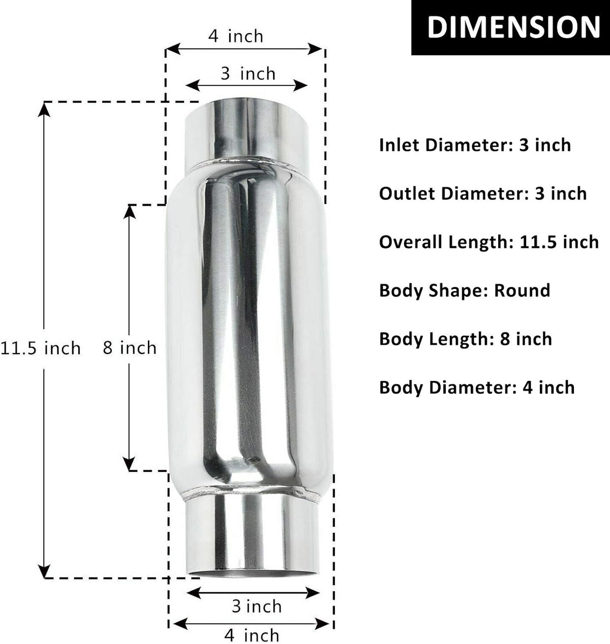 3" Inlet 3" Outlet Stainless Steel Exhaust Muffler Resonator, 12" Overall Length, Pack of 2 M665