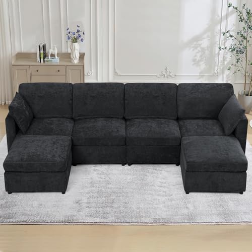 Blue Chenille 3-Seater Sectional Sofa with Ottoman E8318