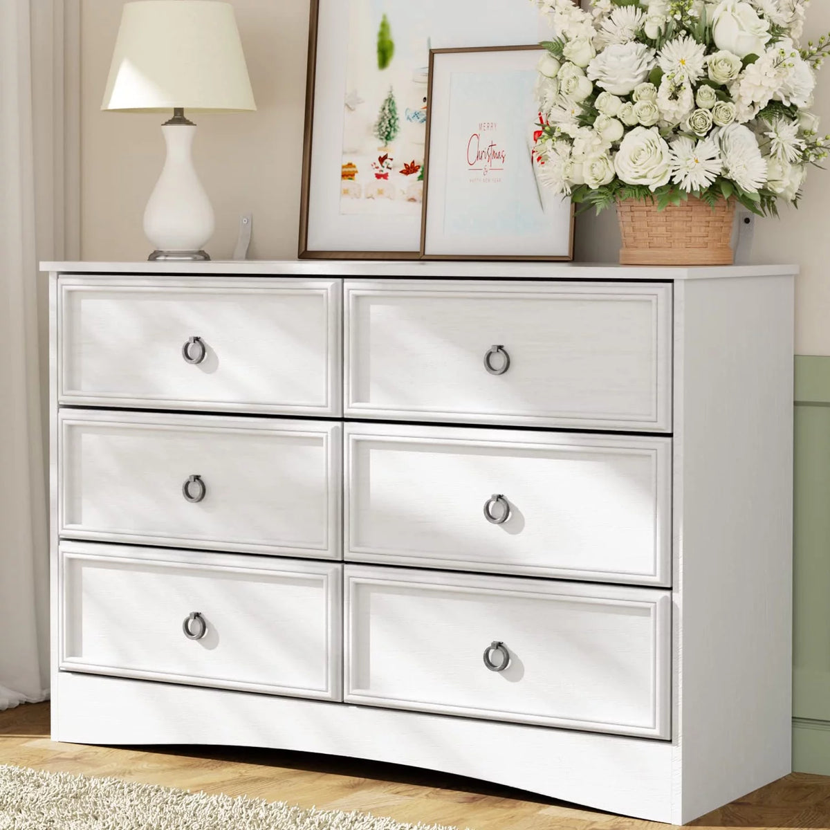 White 6 Drawer Wood Dresser I651748