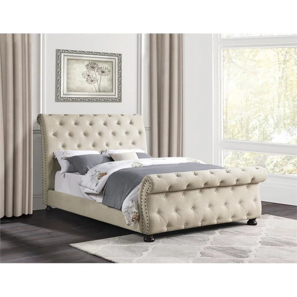 Beige California King Wood Tufted Sleigh Bed X290372