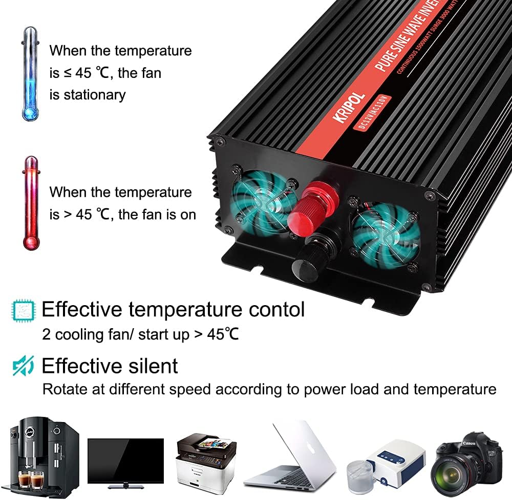 1500 Watt Pure Sine Wave Power Inverter 12V DC to 110V AC 60HZ with 4 AC Outlets and 1 USB Output P171398
