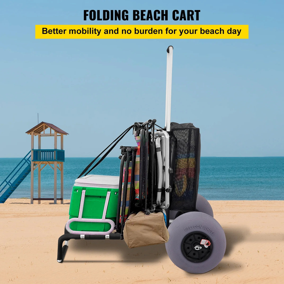 Beach Cart 165LBS Capacity Adjustable Handle 13" Balloon Wheels X84571