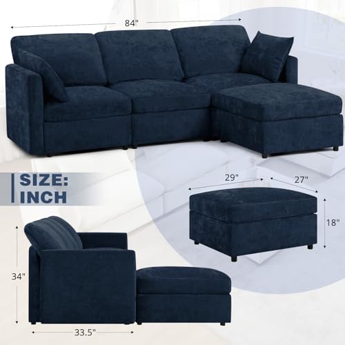 Blue Chenille 3-Seater Sectional Sofa with Ottoman E8318