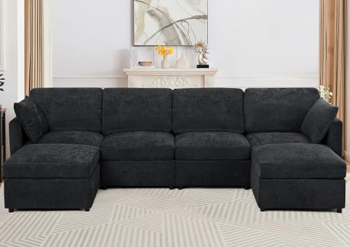 Blue Chenille 3-Seater Sectional Sofa with Ottoman E8318