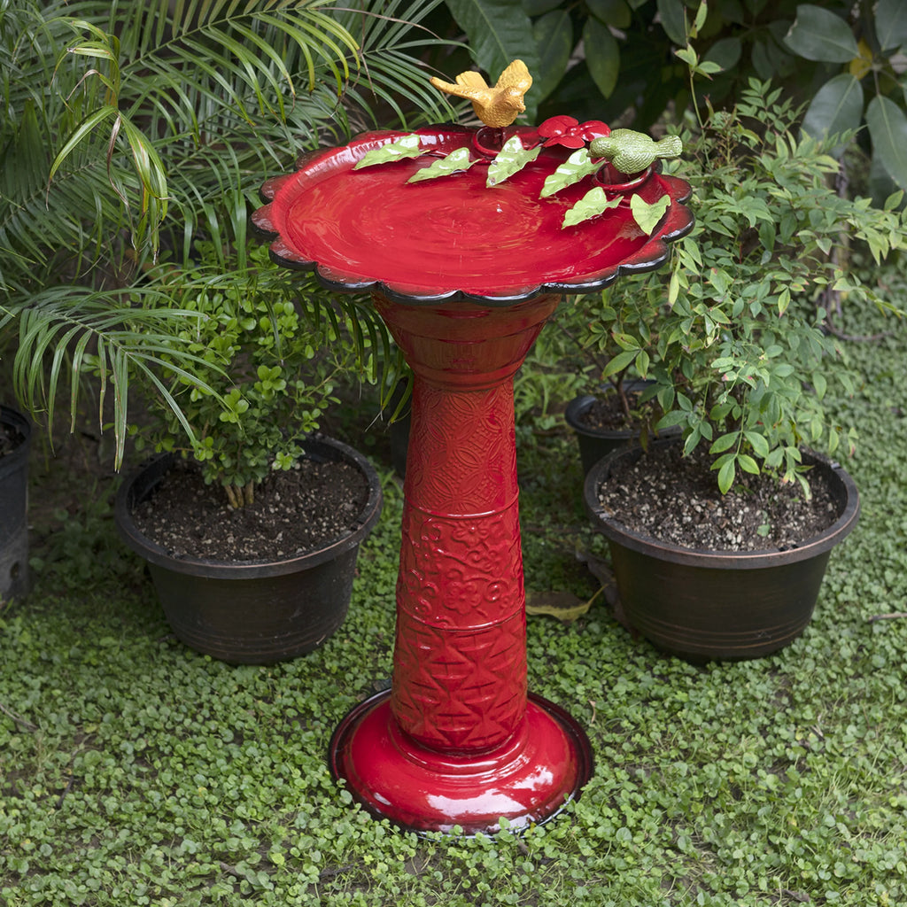 28-Inch Metal Bird Bath with Birds and Leaves, Red B4443