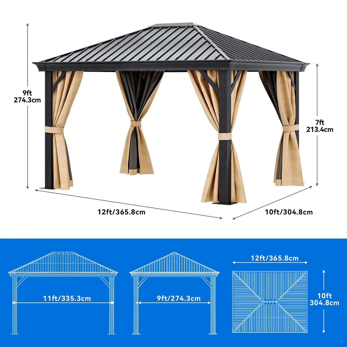 10x12ft Hardtop Gazebo with Nettings and Curtains N71548