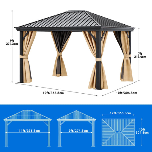 10x12ft Hardtop Gazebo with Nettings and Curtains N71548