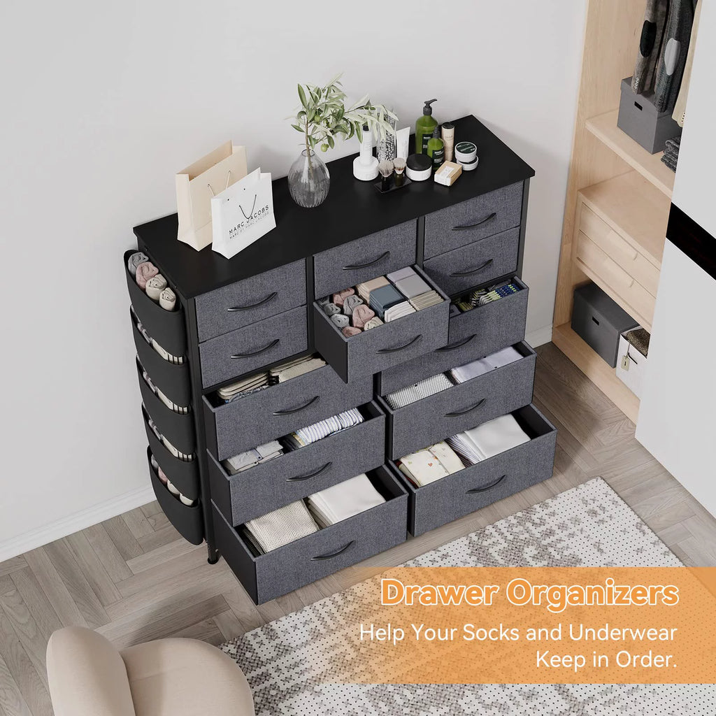 12 Drawer Fabric Dresser with Wood Tabletop H428401