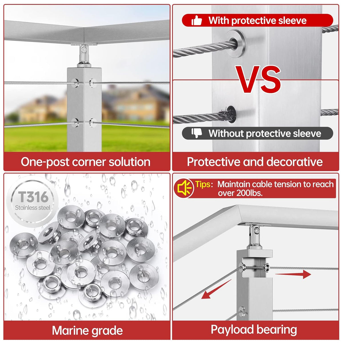 20Pack Cable Railing Kit 1/8 5/32 3/16 Wheel Protective Protector Sleeves for PT1 Metal Posts Wire Rope Level Deck Washer Insert Plug T316 Stainless Steel CR90, CP3 Pack of 2 J121449