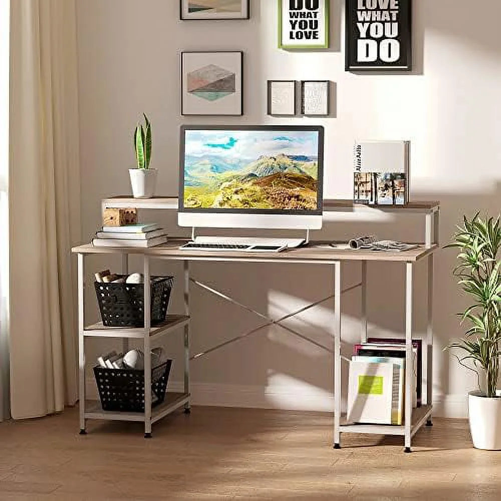 55 Inch Grey Wood Grain Computer Desk with Shelves E3948