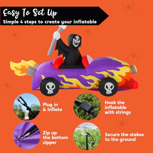 8ft Long Halloween Inflatable Grim Reaper Driving Car with Build-in LEDs B237