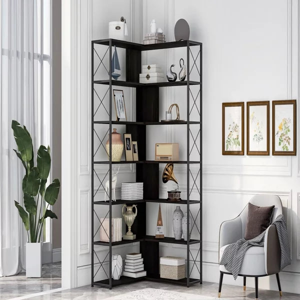 7-Tier L-Shaped Corner Bookcase with Metal Frame Y89596