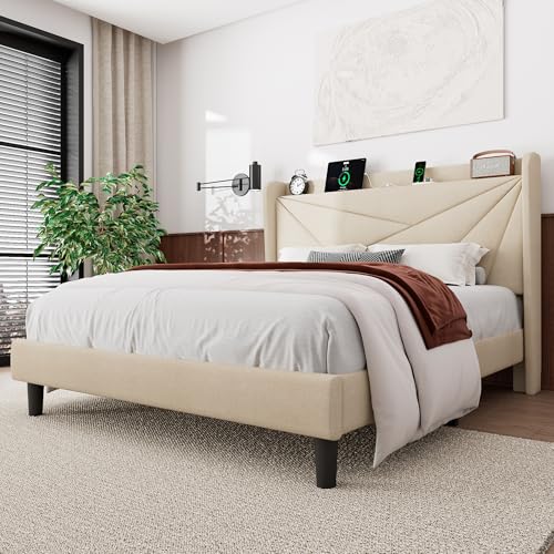 Black Queen Size Linen Upholstered Platform Bed Frame with Storage Headboard M145