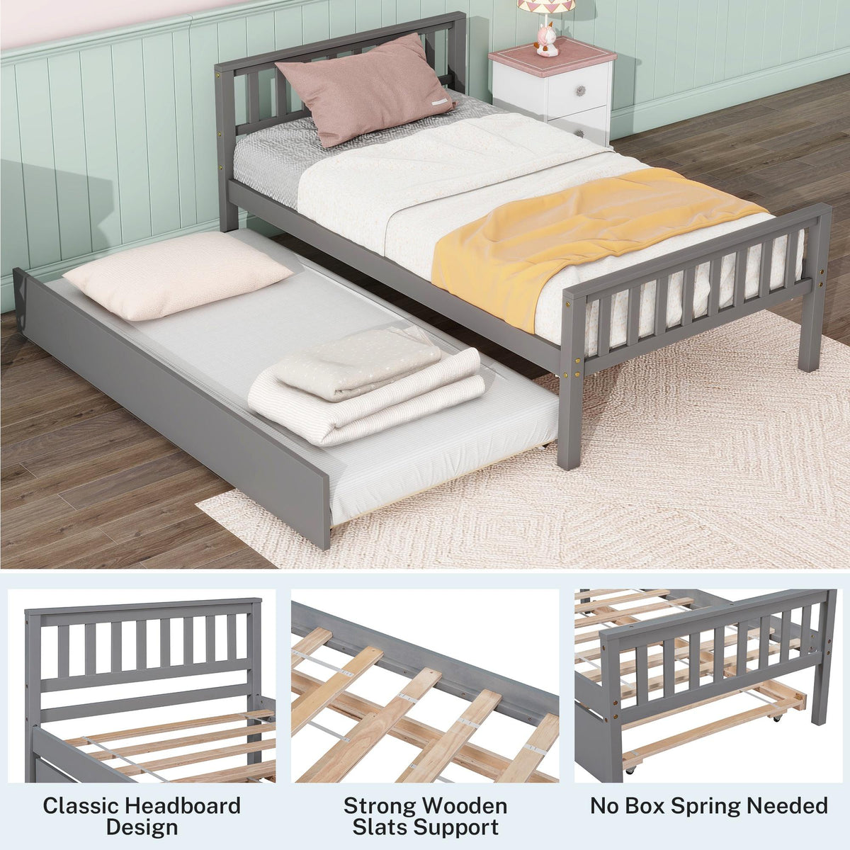 Gray Twin Size Wood Platform Bed with Trundle E451395
