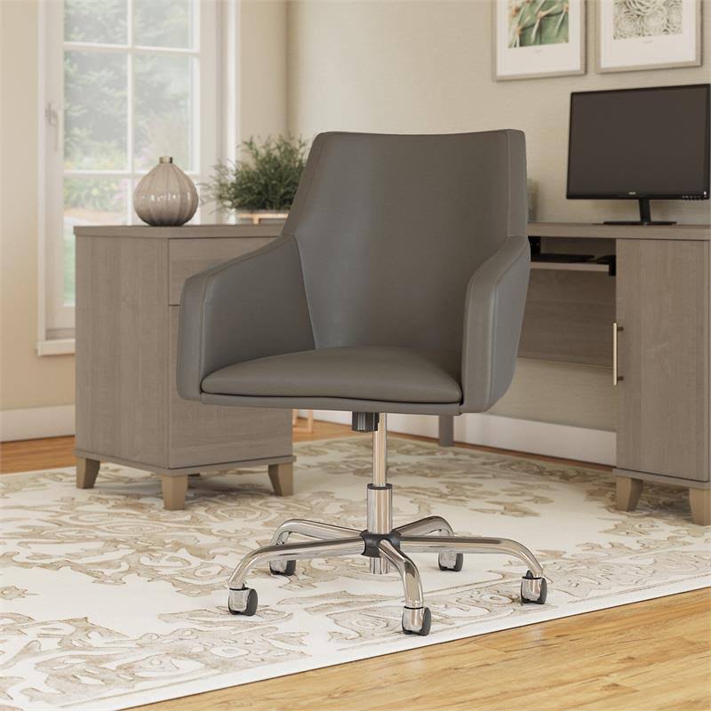 Washed Gray Leather Mid Back Box Chair R3342